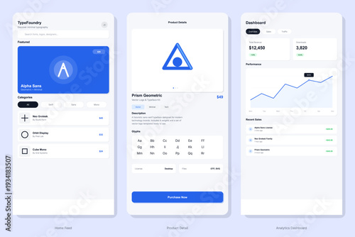 Three mobile application screens displaying a typography marketplace interface including a home feed, font product details, and a financial analytics dashboard with charts.