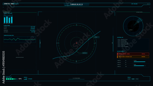 A futuristic orbital navigation interface displays flight data, thrust vectors, and system alerts on a dark digital screen with cyan graphics, a central radar map, and power status indicators.