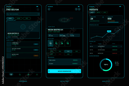 A set of three mobile app screens displaying a futuristic dark mode user interface for finding sectors, making reservations, and viewing user data insights and analytics.