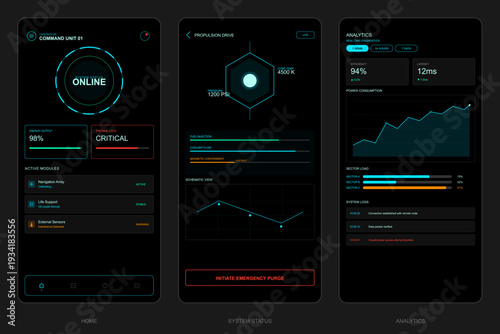 Three futuristic mobile application screens displaying a dark user interface with system diagnostics, propulsion drive status, and real-time analytics for a command unit monitoring station.