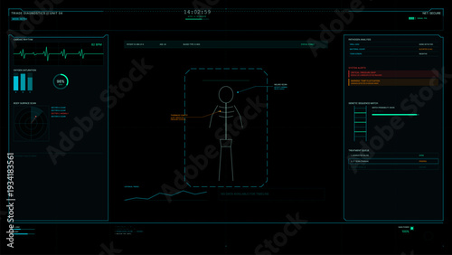 A futuristic medical diagnostic interface displays patient health data including cardiac rhythm, oxygen levels, and a body scan on a dark digital screen with cyan graphics.