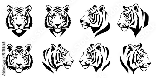 Tiger head mascot logo collection black and white vector wild animal emblem illustration set