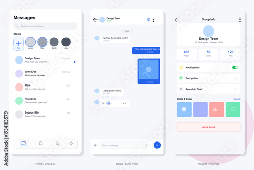 Three mobile application screens displaying a modern messaging interface with a chat list, conversation view, and group settings in a clean minimalist design with pastel accents.
