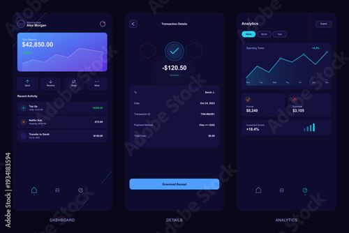 A set of three mobile application interface screens for a financial dashboard, transaction details, and analytics, featuring dark mode design with blue and purple gradients.