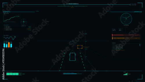 A futuristic vehicle head-up display shows autopilot status, telemetry data, and environment logs. The digital interface features a central road view with obstacle detection.