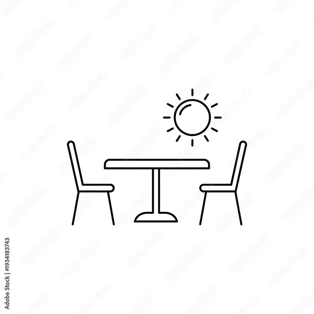 Fototapeta premium Outdoor Dining Table with Chairs Under Bright Sun - Ideal for Cafes, Summer Activities, and Al Fresco Dining