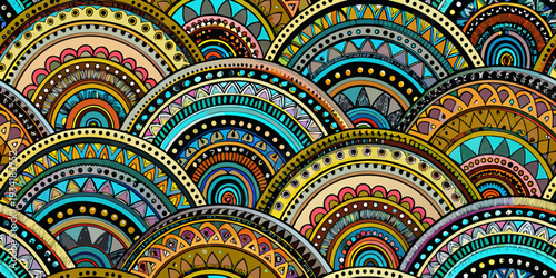 A vibrant and colorful abstract pattern of overlapping arcs and designs