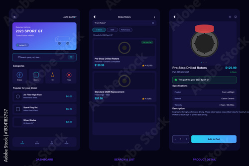 A mobile application interface for an automotive parts marketplace featuring a dashboard, search results for brake rotors, and a detailed product page with specifications.