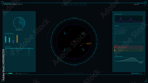 This futuristic digital user interface for observatory control displays a central star map, atmospheric sensor data, system logs, and spectral analysis graphs on a dark background.