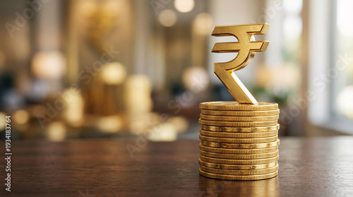 Golden rupee symbol perched atop stacked coins. Warm light glows softly behind blurred background. Stack implies savings, growth, or financial success