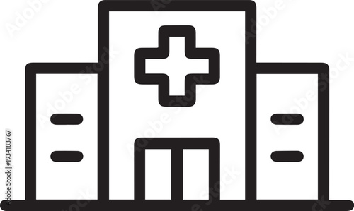 Hospital building icon with a prominent medical cross symbol represents healthcare facilities and emergency services.