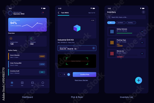 Three mobile application screens showing a warehouse management system with a dashboard, scanning interface, and inventory list in a modern dark mode user interface design.