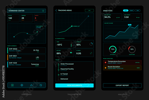 Three mobile application screens displaying a dark mode logistics dashboard with real-time tracking data, shipment analytics, and IoT sensor monitoring for supply chain management.