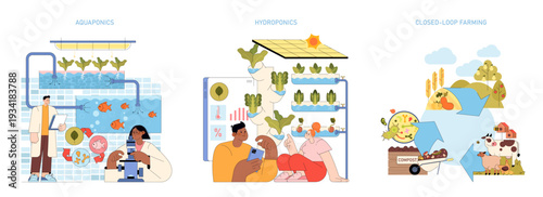 Aquaponics, Hydroponics, and Closed-Loop Farming Illustration