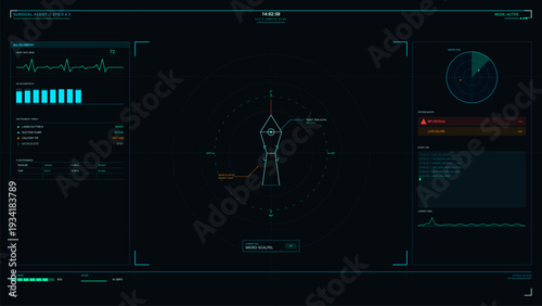A futuristic surgical assistant interface displays real-time biotelemetry, instrument status, and system alerts on a dark digital screen with cyan and red graphical elements.