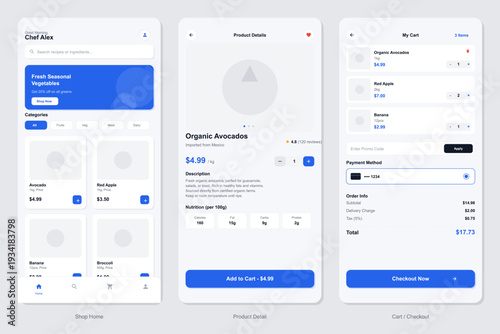 A set of three mobile user interface designs for a grocery store app. It features a product list, detailed item description, and a shopping cart checkout screen.