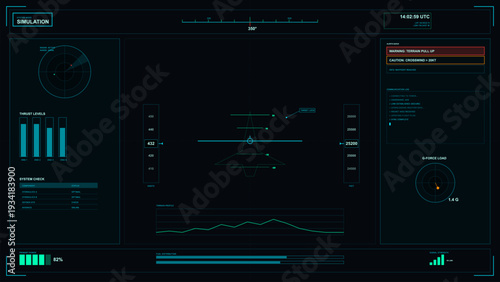 A futuristic digital flight simulation interface displays flight data including altitude, speed, and radar. The heads-up display features technical telemetry and warning alerts.