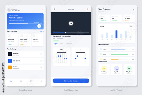 Three mobile application screens showing a guitar learning interface with a dashboard, lesson details including chord diagrams, and user progress analytics with charts.