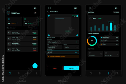 Three mobile app screens display a dark mode financial dashboard, an invoice scanning interface with OCR verification, and a detailed analytics page with data visualization charts.
