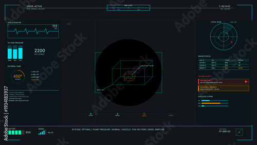 This tactical heads-up display interface features real-time data for vitals, oxygen pressure, and hazard alerts, including a 3D wireframe scan of a detected heat source.