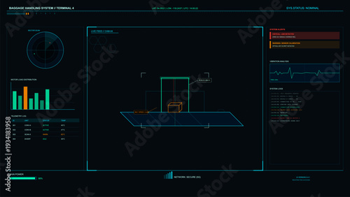 A futuristic digital interface for an airport baggage handling system displays real-time telemetry, system alerts, motor load distribution, and a live wireframe feed of a conveyor belt.
