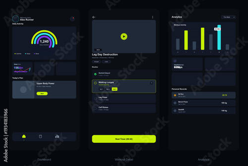 Three mobile app interface designs for a fitness tracker showing a dashboard with activity rings, a workout routine with a video player, and a detailed analytics page with charts.