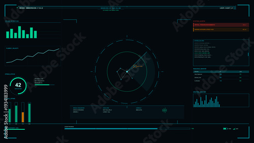 A futuristic digital dashboard displays various data visualizations including bar charts, line graphs, and a central radar interface for language immersion training and system monitoring.