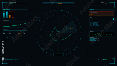 A futuristic digital head-up display for mining operations featuring a central radar screen, atmospheric sensor data, system alerts, and real-time seismic monitoring graphs.