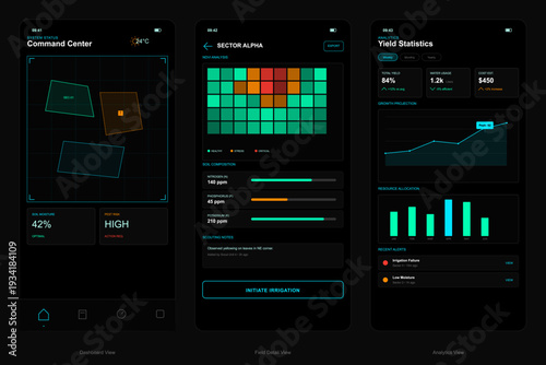 Three mobile app screens display a digital agricultural management system featuring field maps, crop health heatmaps, soil composition data, and yield statistics in a dark mode interface.