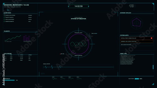 A futuristic digital dashboard interface featuring various data visualizations, system alerts, and telemetry graphs on a dark background with cyan and magenta accents.