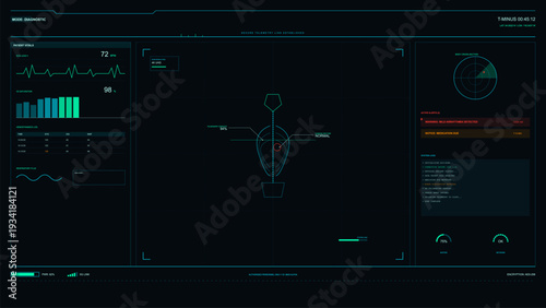 A futuristic medical diagnostic interface displays patient vitals, including heart rate and oxygen levels, alongside a central body scan and active health alerts on a dark screen.