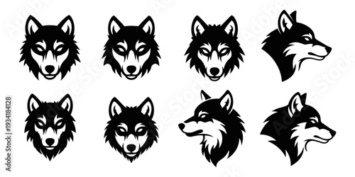 Wolf head logo set black and white vector collection wild animal mascot emblem illustration bundle

2.