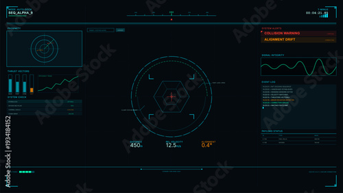 This futuristic digital head-up display shows a spacecraft docking sequence with a central targeting reticle, system alerts, radar data, and real-time flight telemetry on a dark screen.