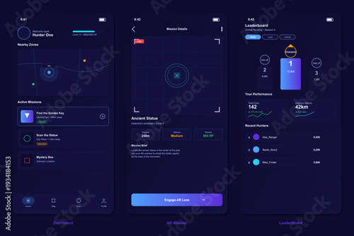 A set of three dark mode mobile user interface designs for a futuristic treasure hunting application including a dashboard, mission details with AR lens, and a global leaderboard.