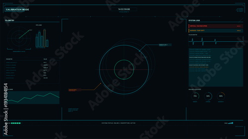 фотографія A futuristic digital heads-up display interface showing telemetry data, system logs, and resource allocation charts on a dark background with cyan and orange accents