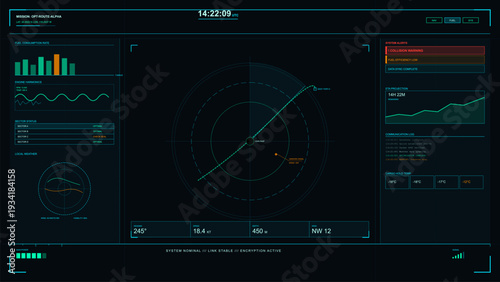 A futuristic digital dashboard displays navigation data, radar tracking, and system alerts for a vessel. The interface features various graphs, maps, and technical status indicators.