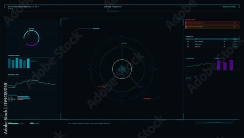 A futuristic digital nutrition tracking interface displays health data including macros, hydration, metabolic rate, and micronutrients on a dark background with cyan and magenta accents.