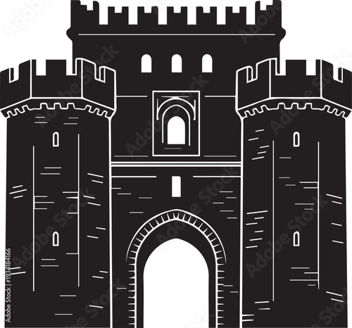 Black silhouette of medieval castle gate, vector illustration, fortress illustration