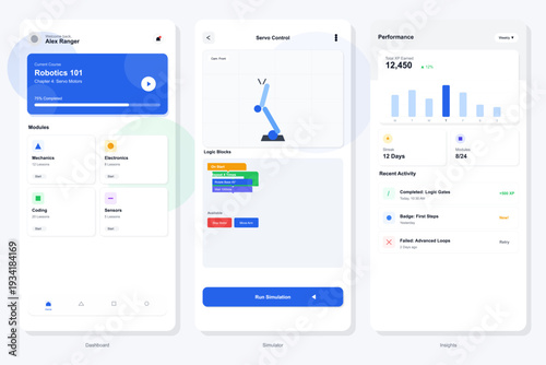 A mobile application interface for learning robotics, featuring a dashboard with course progress, a simulator with visual coding blocks, and a performance tracking screen with charts.