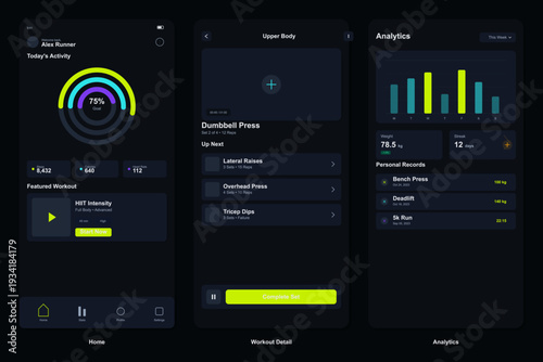 Three mobile app screens showing a fitness tracker interface with activity rings, workout details, and performance analytics in a modern dark mode design with neon accents.