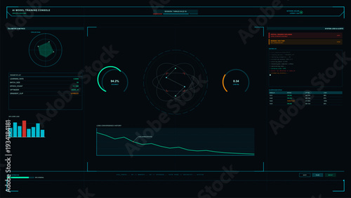 A futuristic digital dashboard displays real-time artificial intelligence model training metrics, including accuracy graphs, loss convergence history, and system logs on a dark interface.