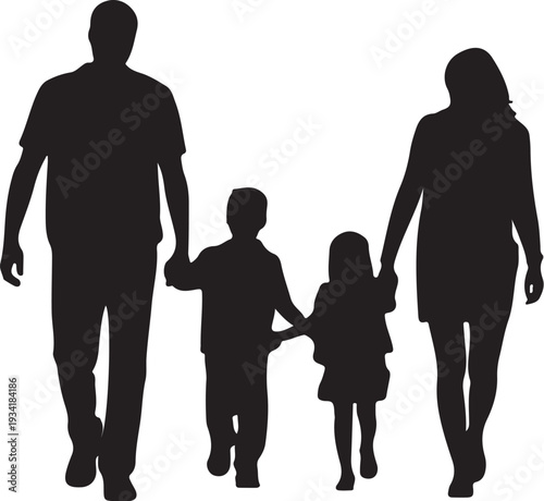 Black silhouette of family with two children walking hand in hand