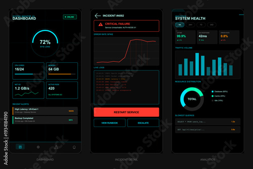A set of three mobile user interface screens showing a system monitoring dashboard with server load, incident reports, live logs, and analytics charts in a dark tech style.