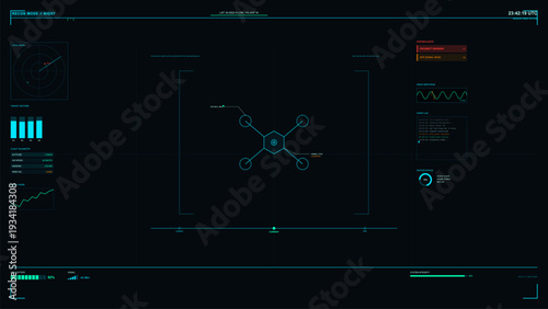 A futuristic digital head-up display interface for a reconnaissance drone at night, featuring telemetry data, radar scans, system alerts, and a central schematic on a dark background.