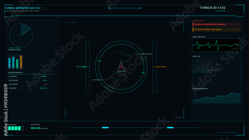 A futuristic orbital navigation head-up display shows various flight data including altitude, velocity, and system diagnostics on a dark digital interface with cyan and orange accents.