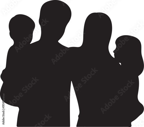 Black silhouette of family with two children white background 2
