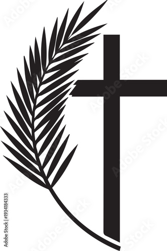 Palm frond and cross silhouette vector illustration, religious line art