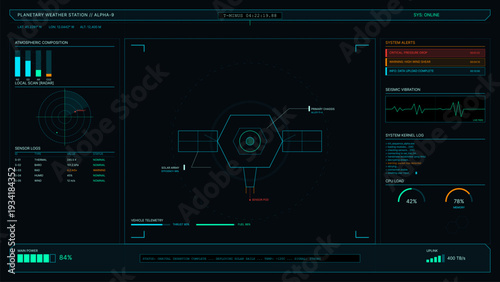This futuristic digital dashboard shows planetary weather station telemetry, atmospheric data, and system alerts for a satellite mission on a dark blue background.