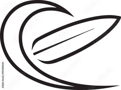 Surfboard icon dynamically rides a stylized ocean wave, symbolizing the thrill of surfing, coastal adventures, and the vibrant spirit of water sports.