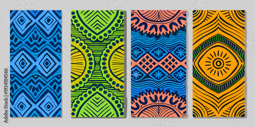 Four vibrant patterned panels showcasing tribal and geometric designs